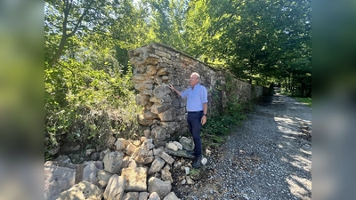 Betriebsleiter Uwe Pietsch zeigt die Schäden an der historischen Parkmauer. (Foto: Julia Sürder)